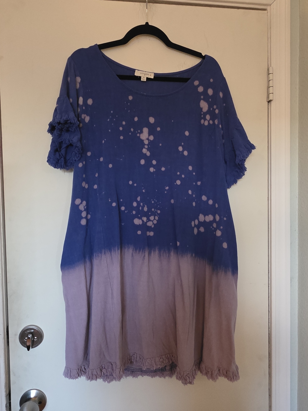 Umgee Blue & Lavender Tie-Dye Short Sleeve Dress with Raw Edge Trim